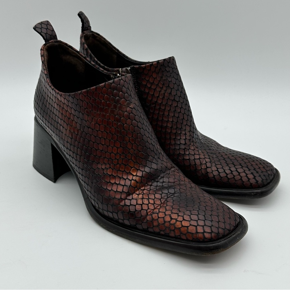 VS Dark Brown Leather Snakeskin Print Square Toe Block Heel Booties